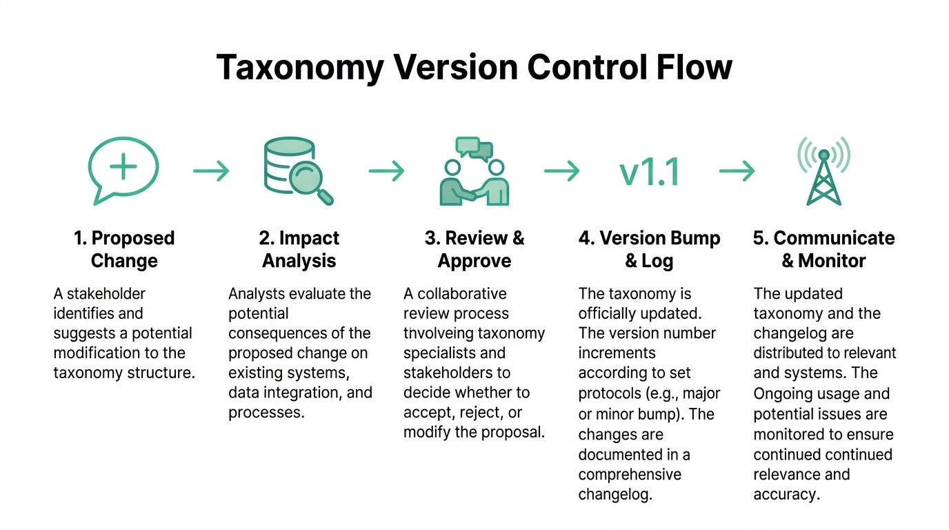 A diagram illustrating the five-step process for managing taxonomy version control, from proposal to monitoring.