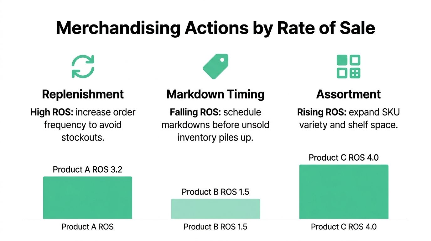 A chart showing merchandising actions based on different rates of sale for three specific products.
