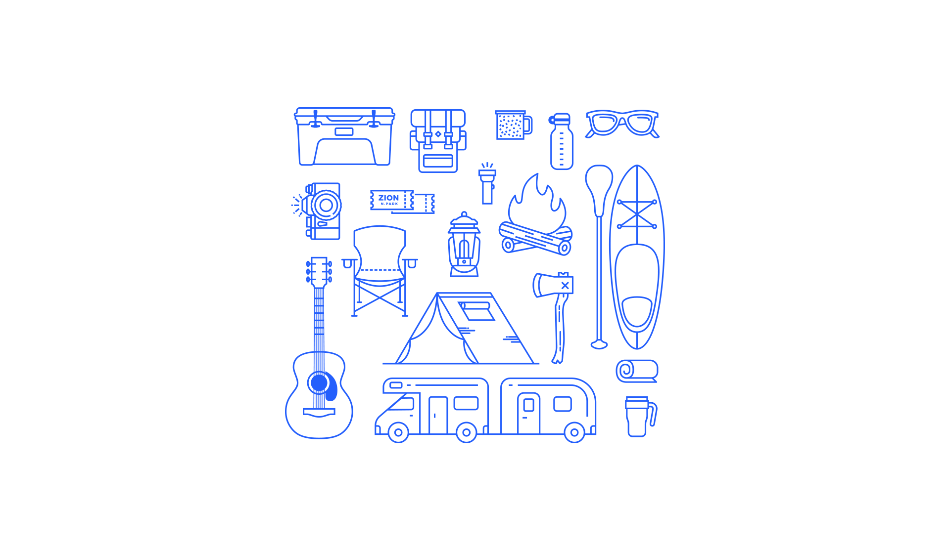 illustration design made of linear icons based on outdoors activities 
