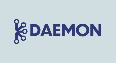 Logo with dark blue stylized circuit-like design to the left of the word 'DAEMON' in bold uppercase letters on a light gray-blue background.