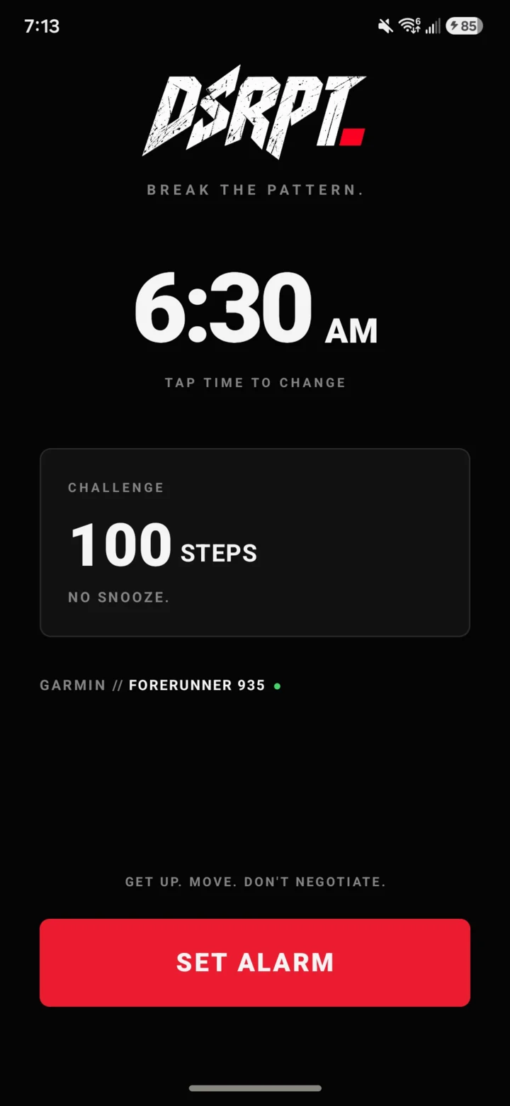 DSRPT app with an alarm set for 6:30 AM and a 100-step challenge
