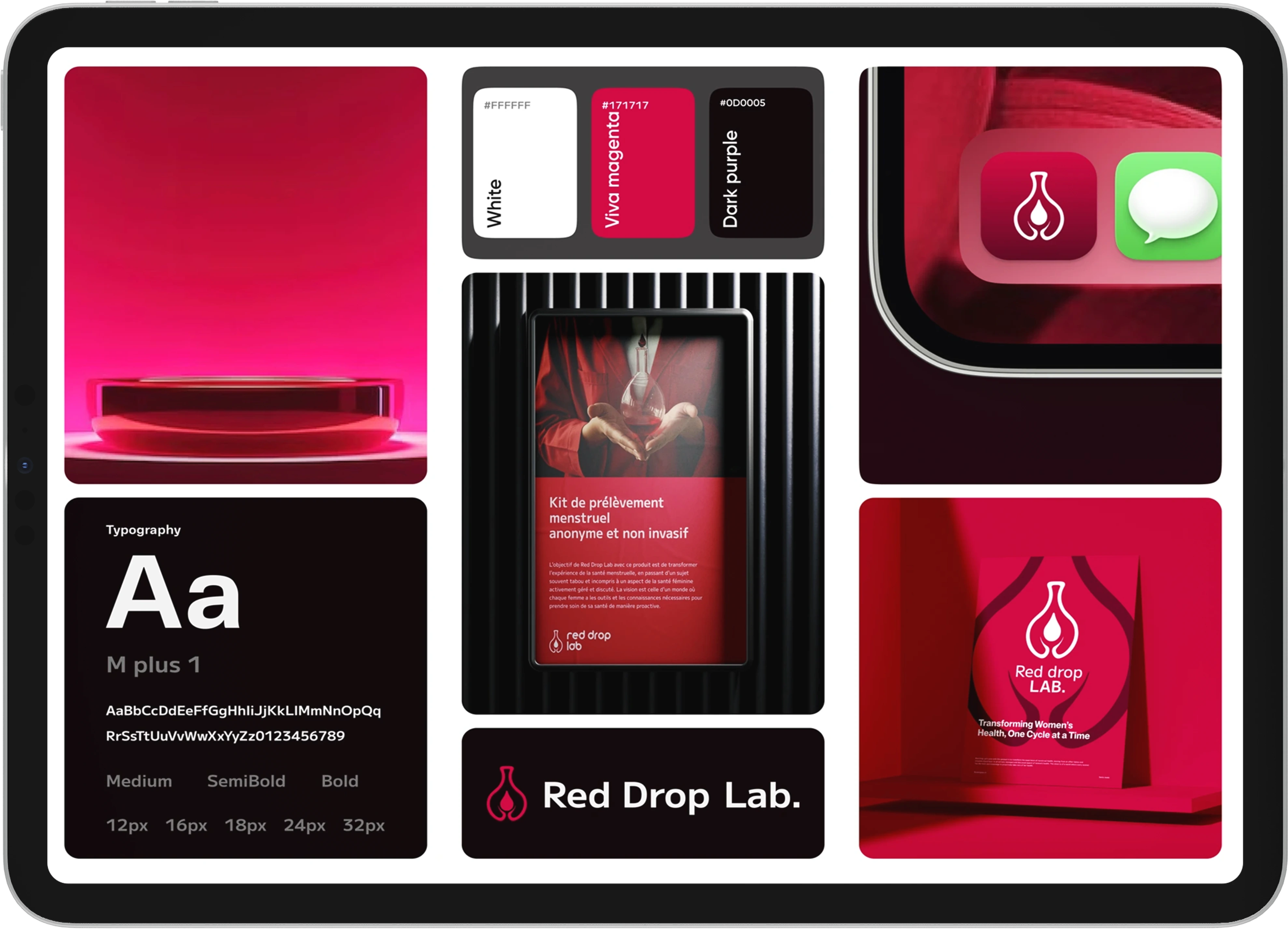 Présentation de la charte graphique de Red Drop Lab avec palette de couleurs, typographie, logo, et images de produits pour kit de prélèvement menstruel non invasif.