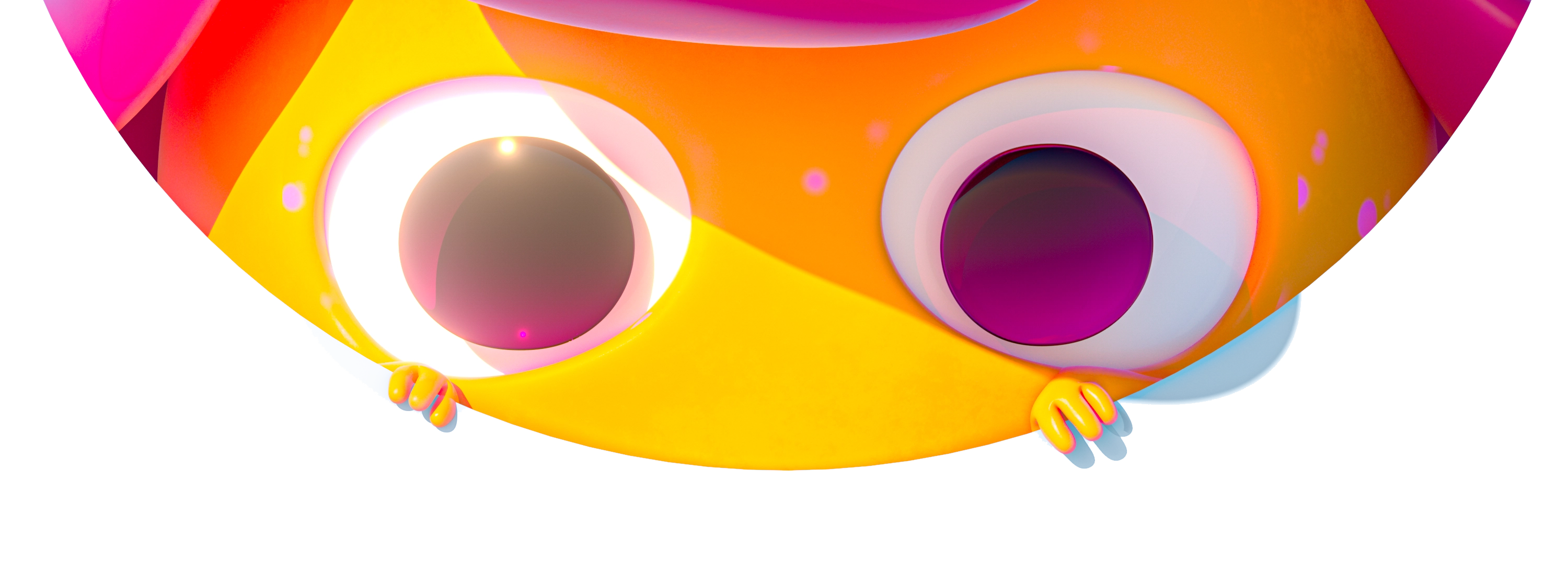 Gros plan sur le visage d'un personnage animé jaune avec de grands yeux expressifs et des mains tenant un bord blanc en bas de l'image.