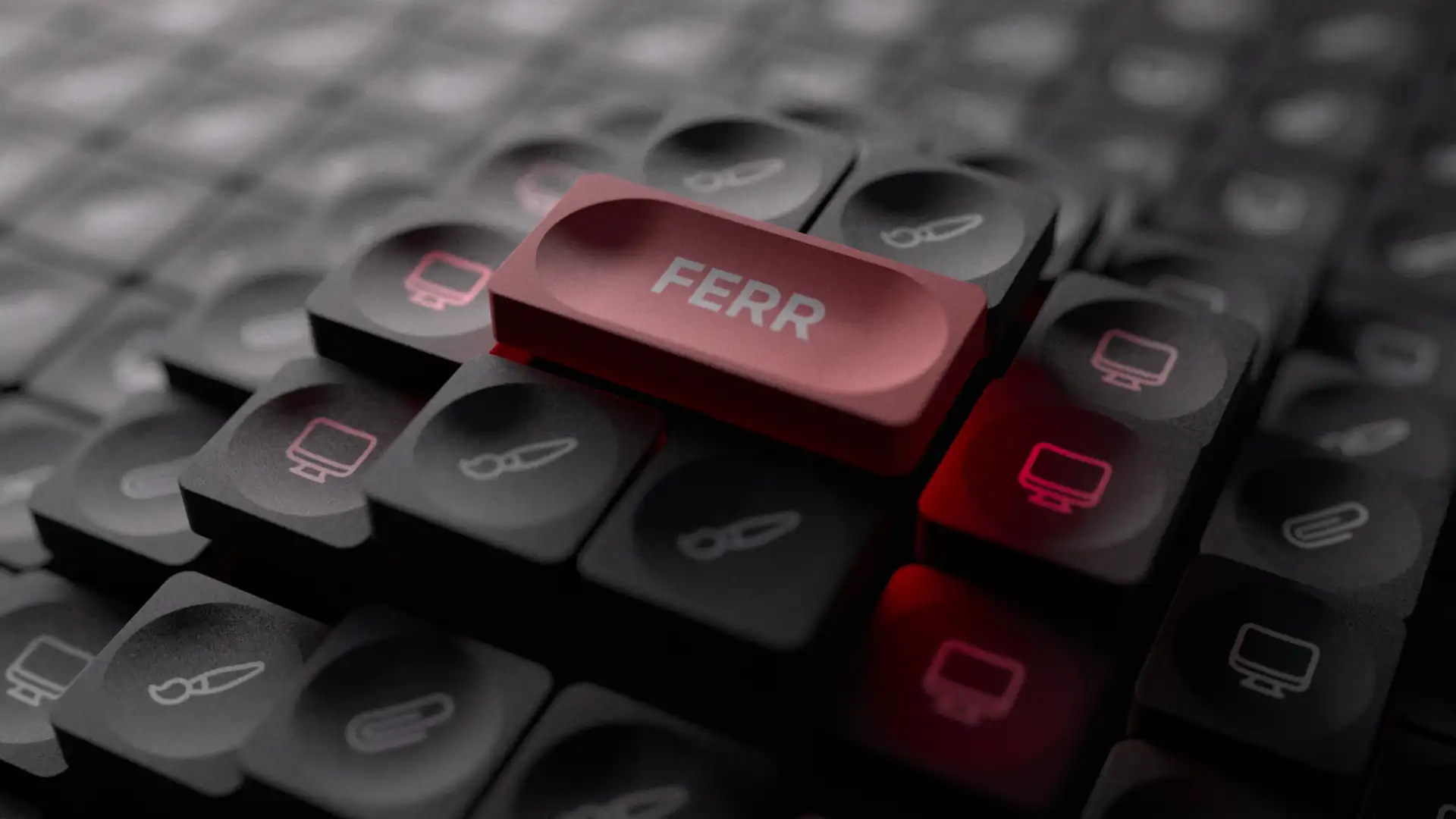 Clavier noir avec touche rouge marquée FERR et touches noires avec icônes d’écran et pinceau.