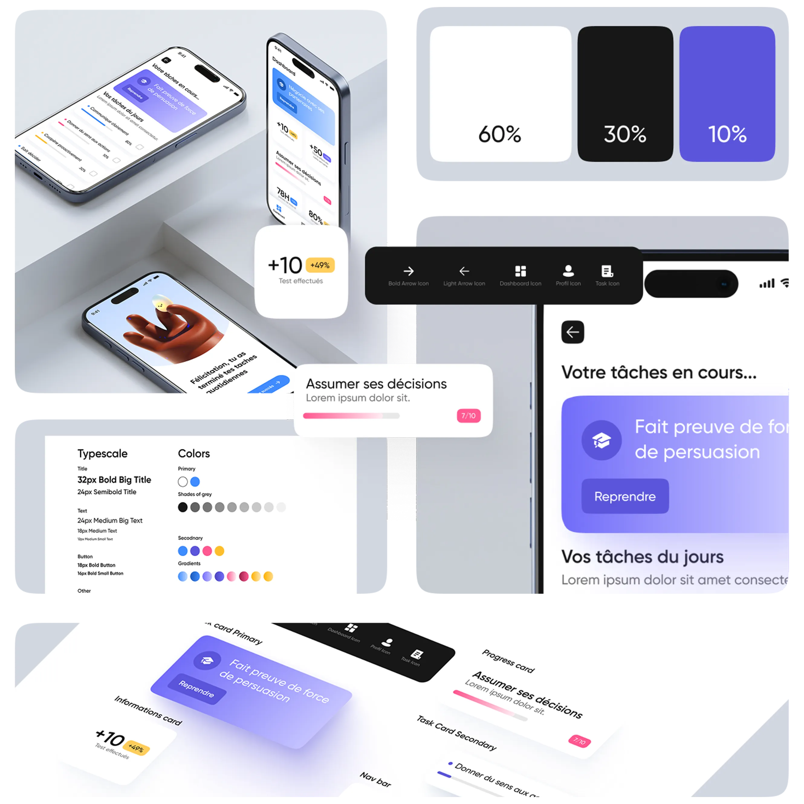 Interface d'application mobile affichant des tâches en cours, un graphique de progressions, une main tenant un emoji et une palette de couleurs avec styles typographiques.