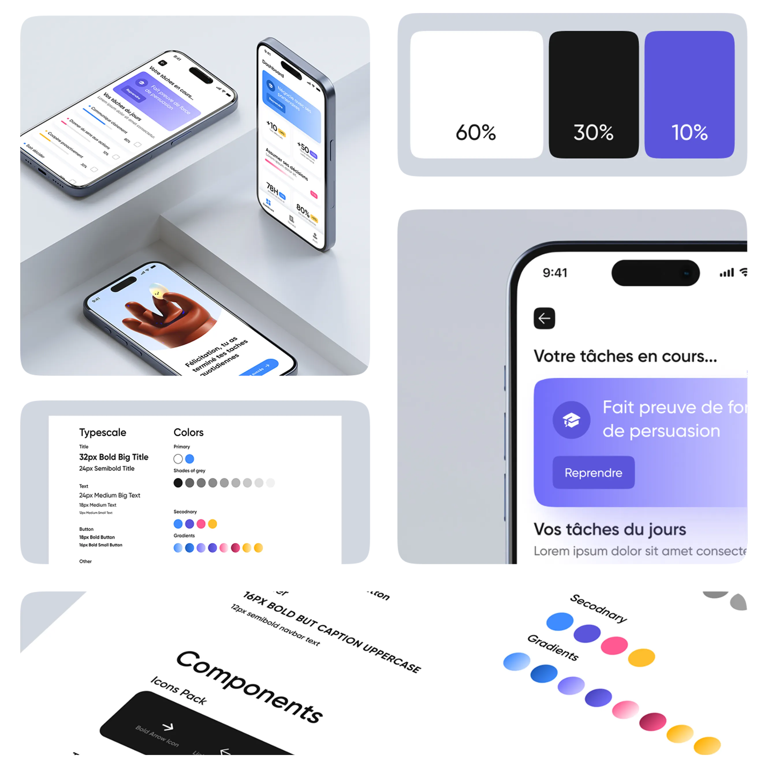Présentation d'identité visuelle pour une app mobile avec des couleurs et violet