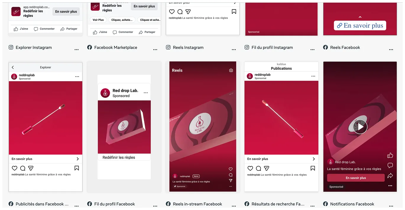 Captures d'écran de publicités Facebook et Instagram pour Red drop Lab, montrant un applicateur à tige et le logo Red drop LAB sur fond dégradé rouge, avec le slogan « La santé féminine grâce à vos règles » et un bouton « En savoir plus ».