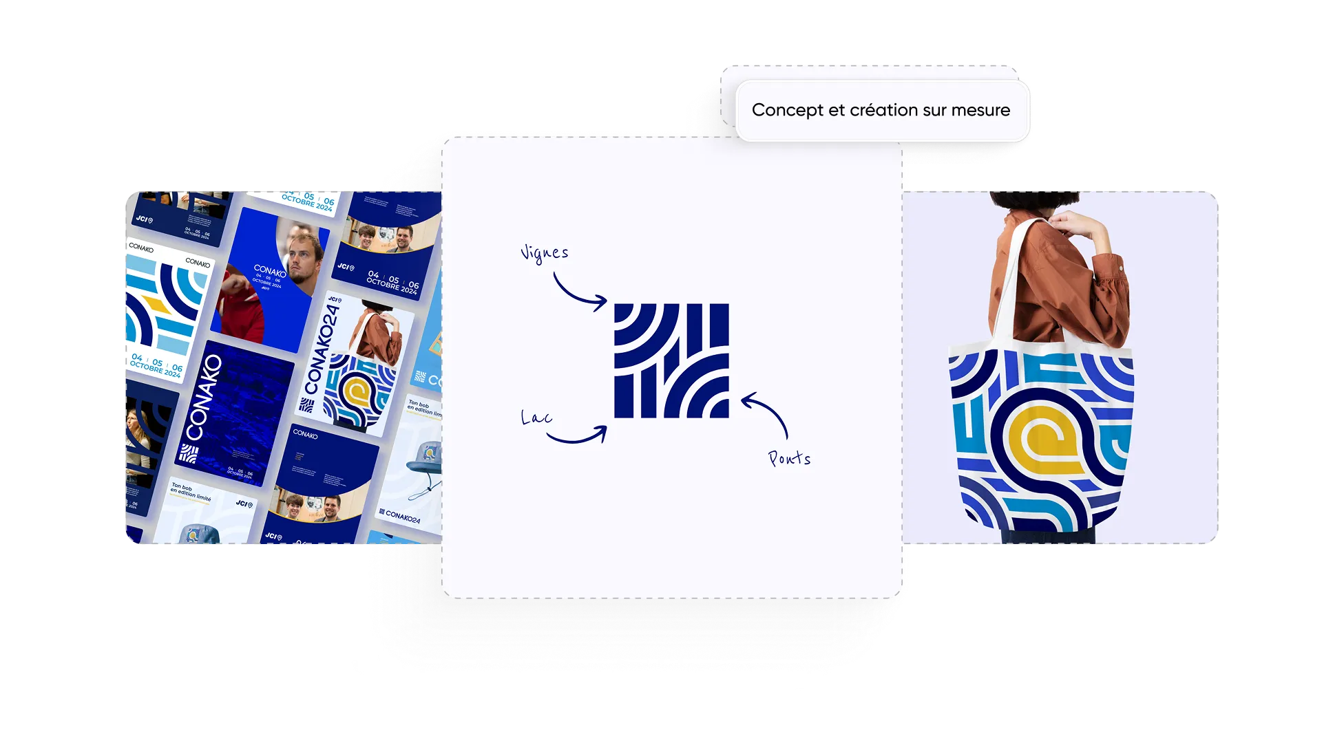 Présentation d’une identité visuelle avec un logo stylisé en bleu représentant des vignes, un lac et des ponts, accompagnée d’exemples d’application sur divers supports et un sac tote bag portant le motif coloré.