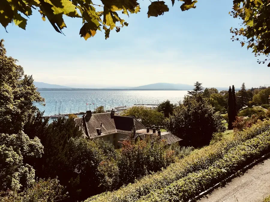Vue sur un lac bordé d'arbres et de maisons avec des collines à l'horizon sous un ciel clair à Nyon, canton de vaud. Ferr studio
