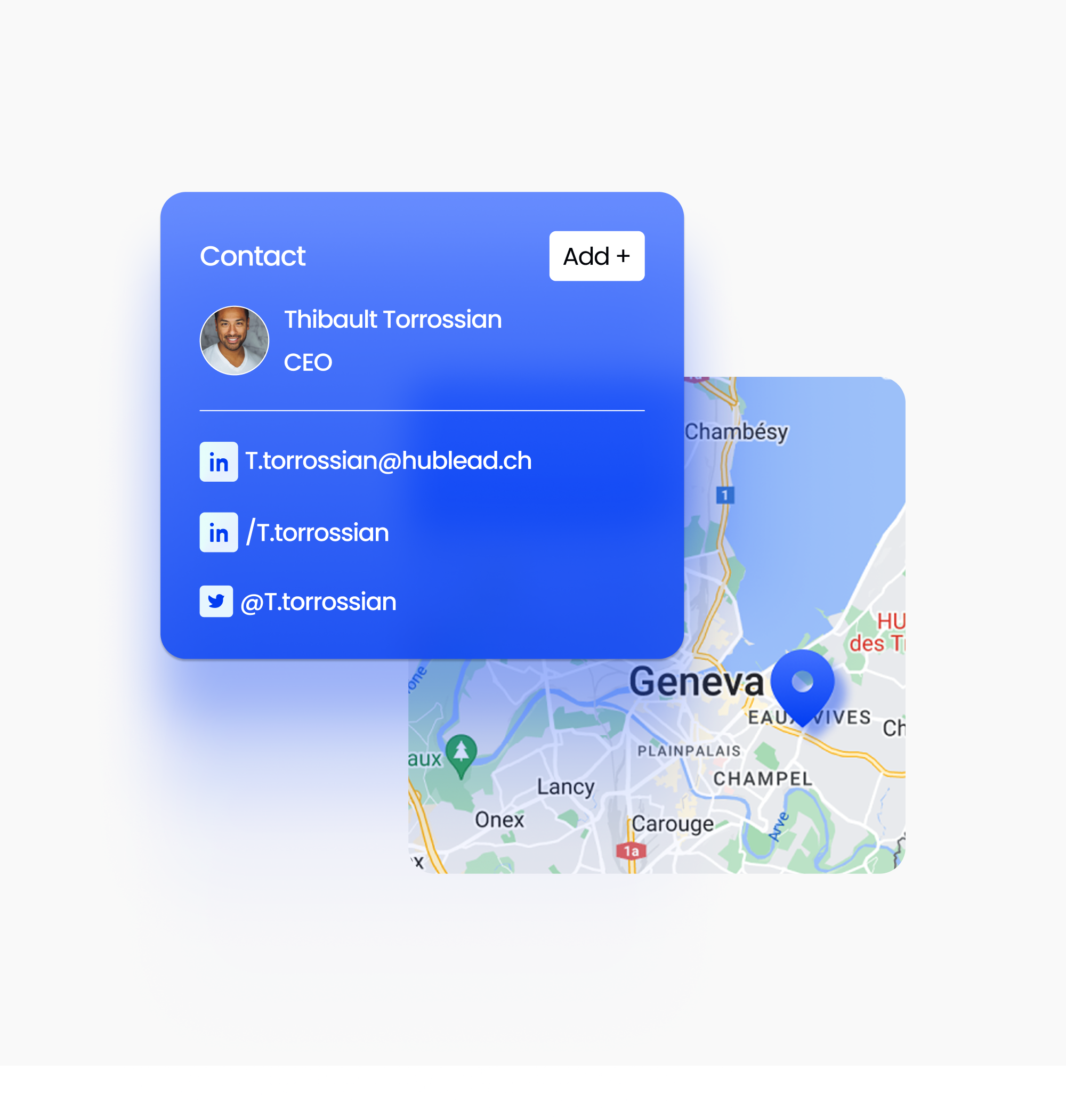 Présentation du header de hublead dans un mockup Mac avec des parties metalique design
