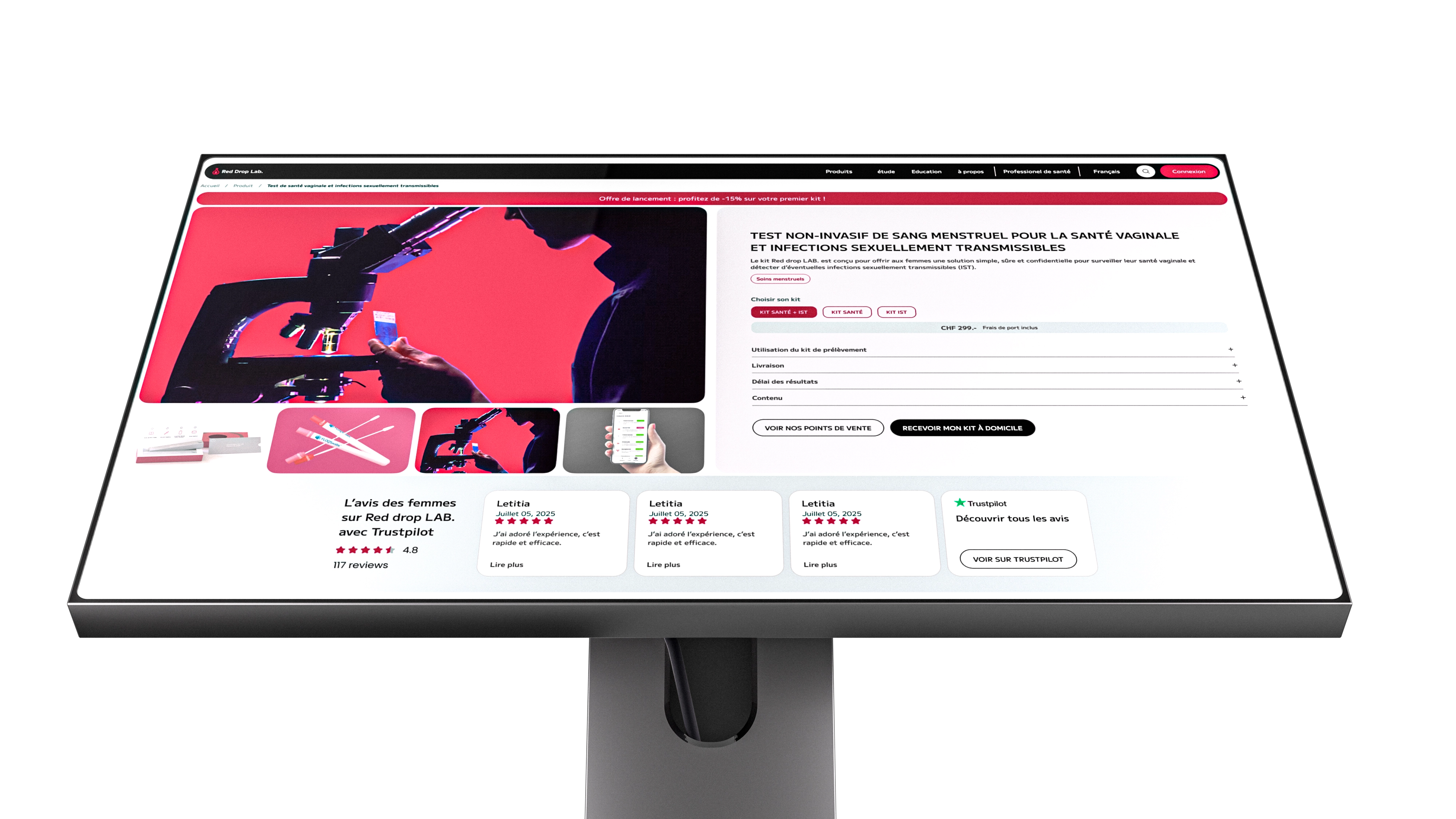 Figma design of reddroplab UI page viva magenta on ipad mockup with hand 3D