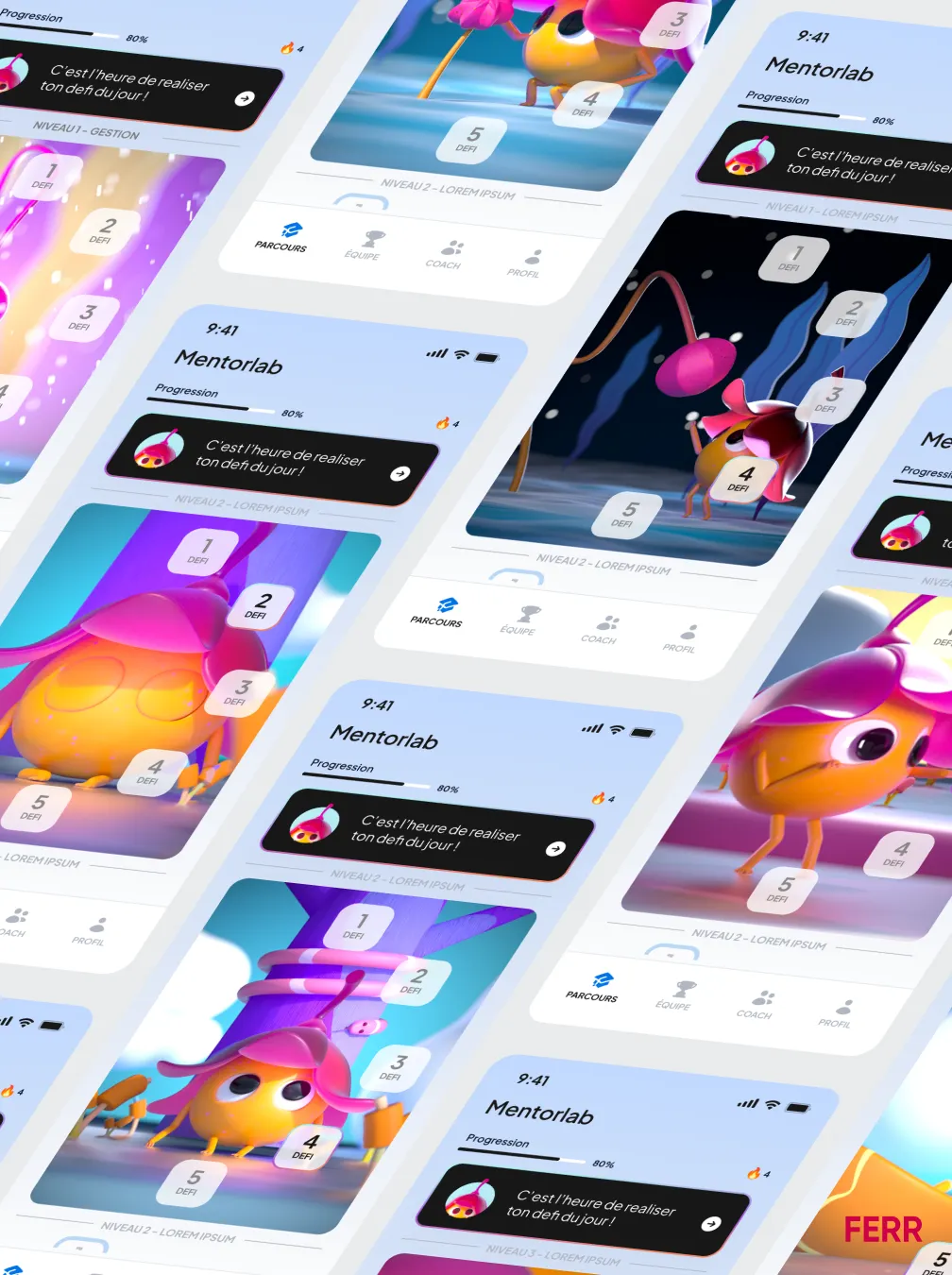 carte d'application seed up par ferr studio représentant des mascottes colorés