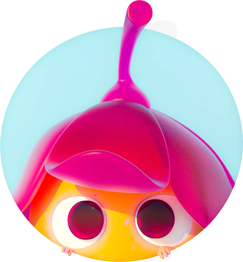 Mascotte Seed Pink et jaune qui regarde avec des grand yeux mascotte 3D ferr studio