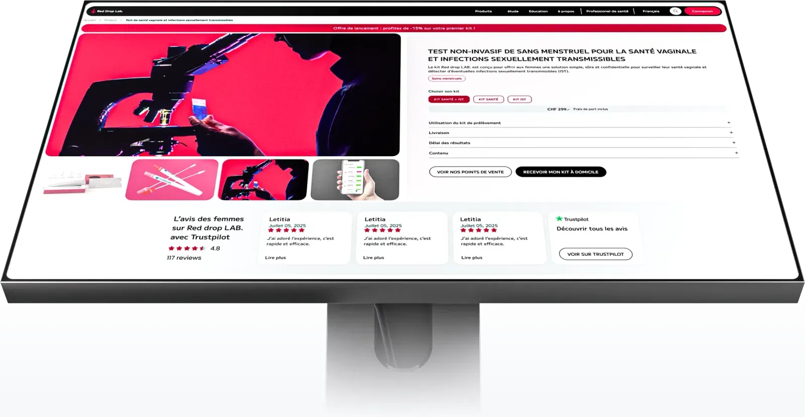 Figma design of reddroplab UI page viva magenta on ipad mockup with hand 3D