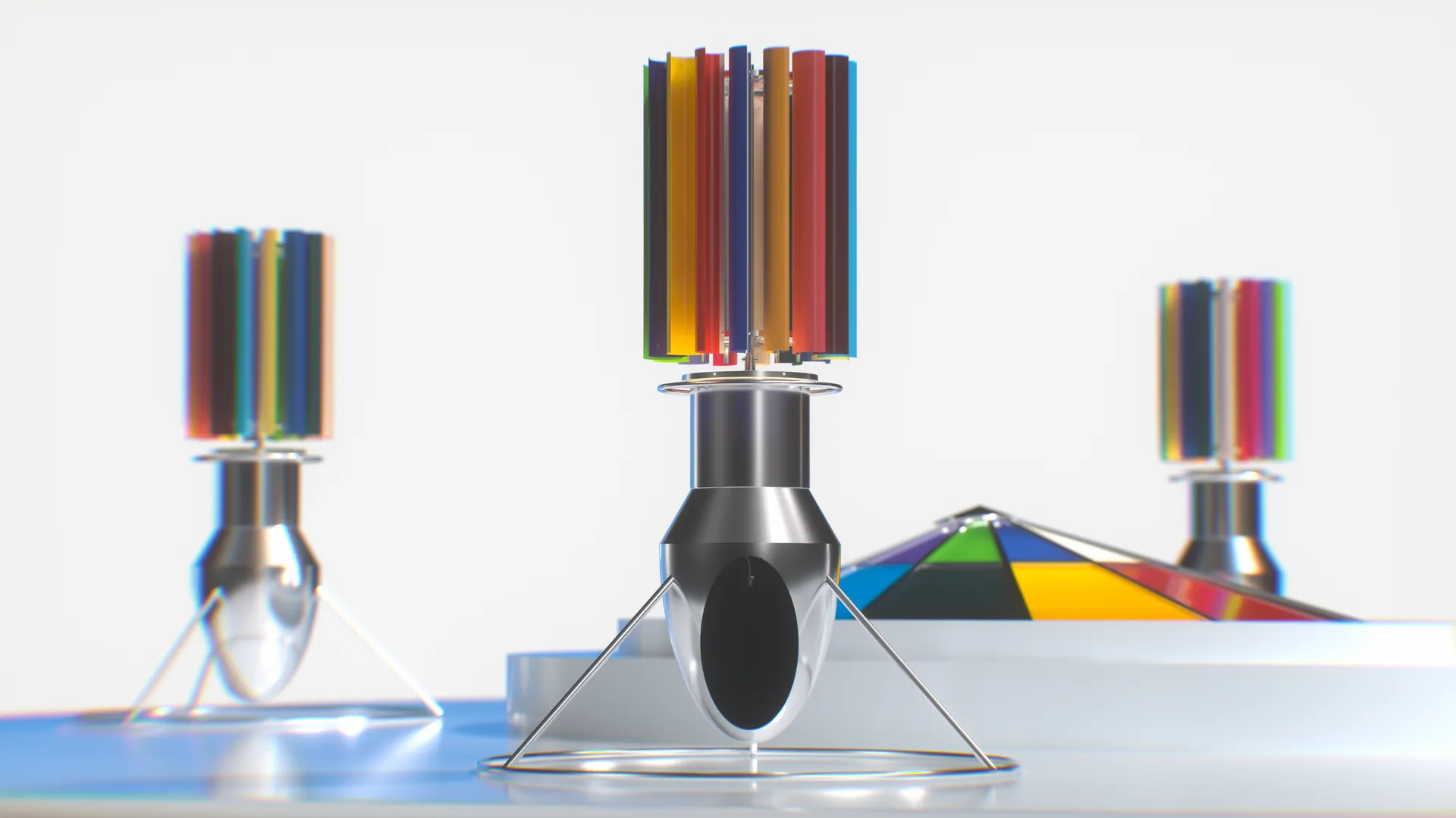 Trois sculptures Windturbine, bases installation, test configuration Winland