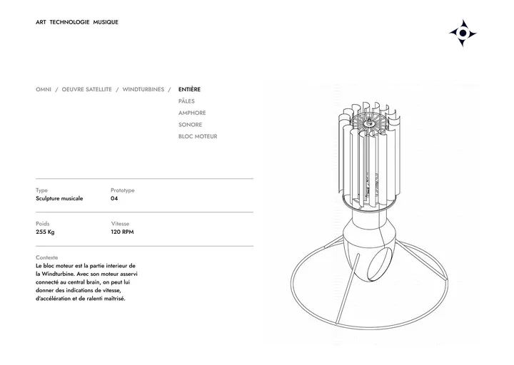 Plateau installation Windturbine, 3 sculptures OMNI, configuration multicolore