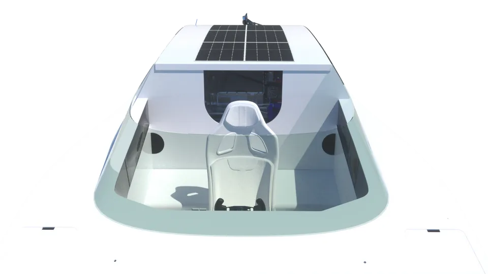 Rendu 3D complet du foiler REF du Swiss Solar Boat, issu des fichiers CAO par FERR Studio