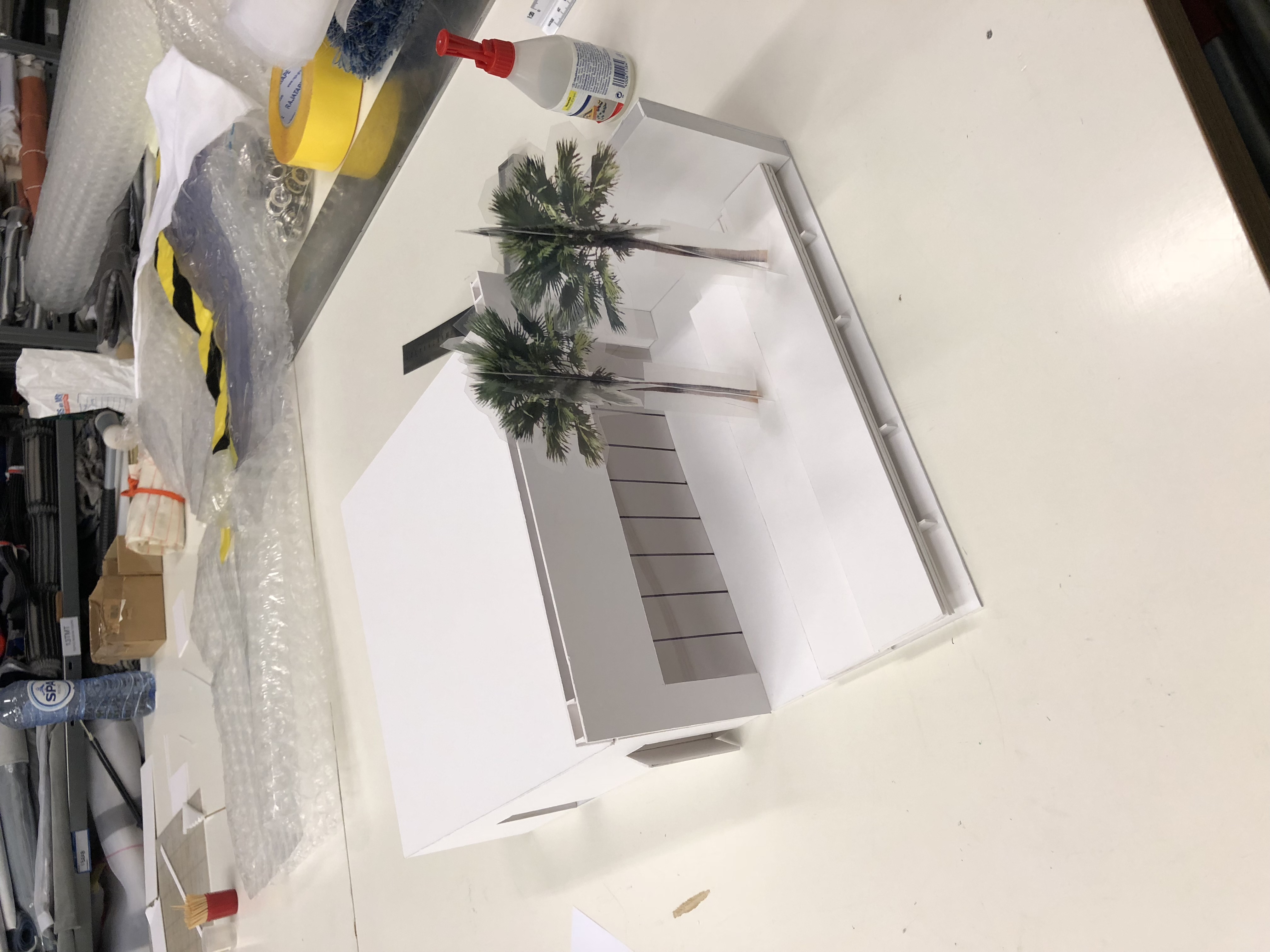 A cardboard model of the Mingei Museum auditorium