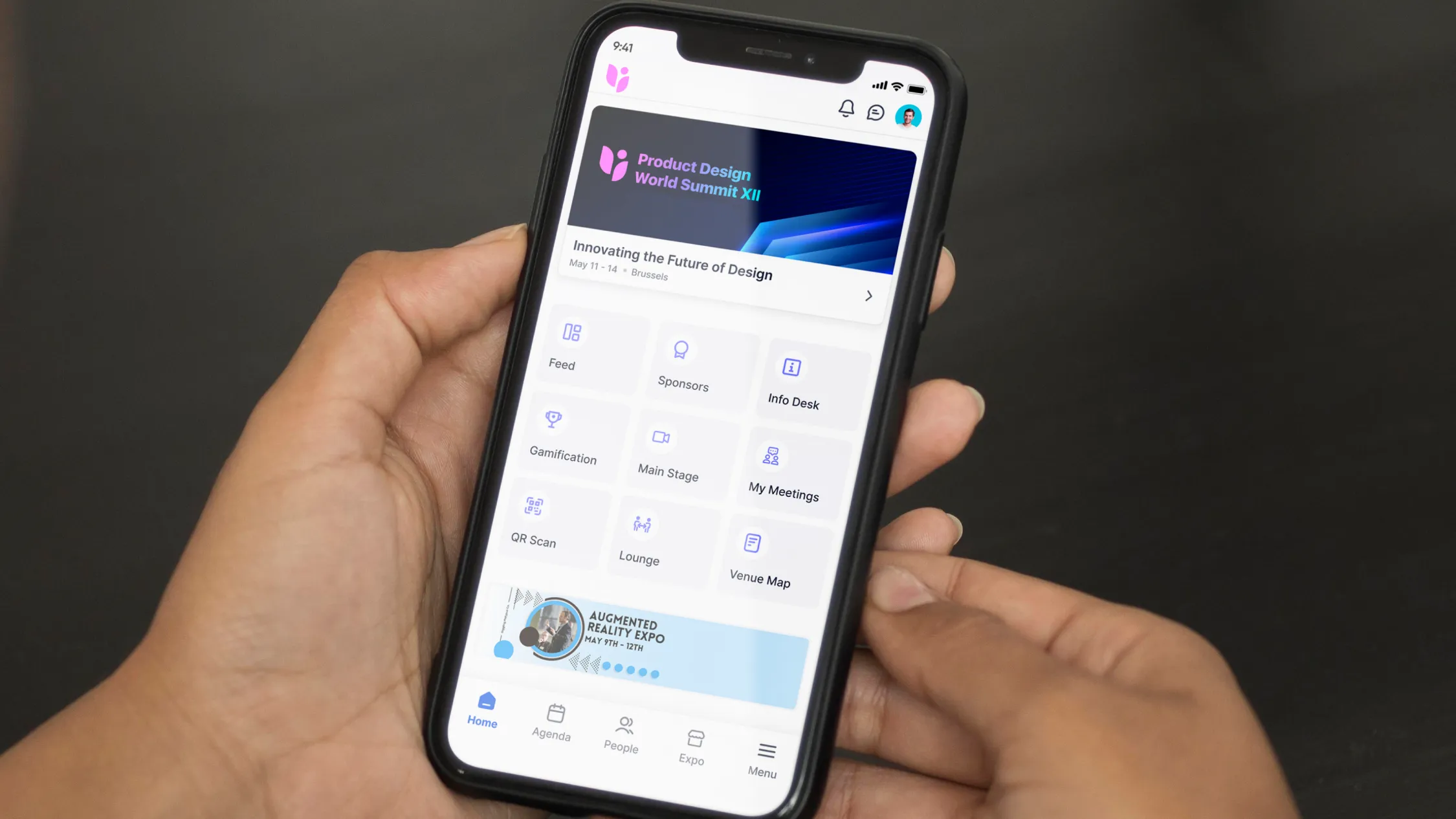 Branded event screens showing a registration page, confirmation email, mobile app home, and badge design all using the same colors and typography.