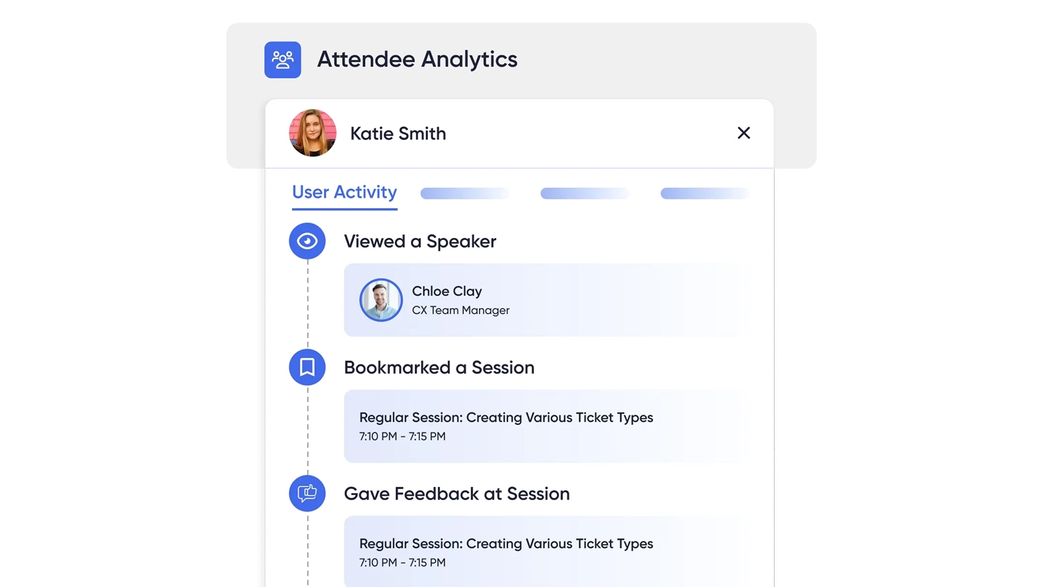 Event dashboard showing real-time registration, session attendance, exhibitor leads, and sponsor performance metrics for a multi-day conference.