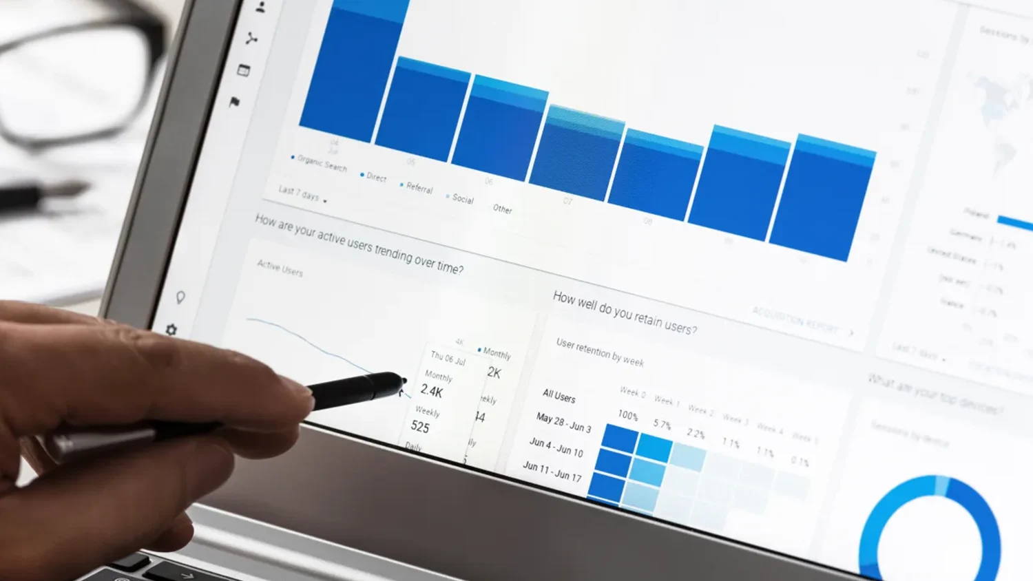 Event manager viewing a live analytics dashboard showing real-time registrations, check ins, session attendance, and exhibitor leads for a large conference.