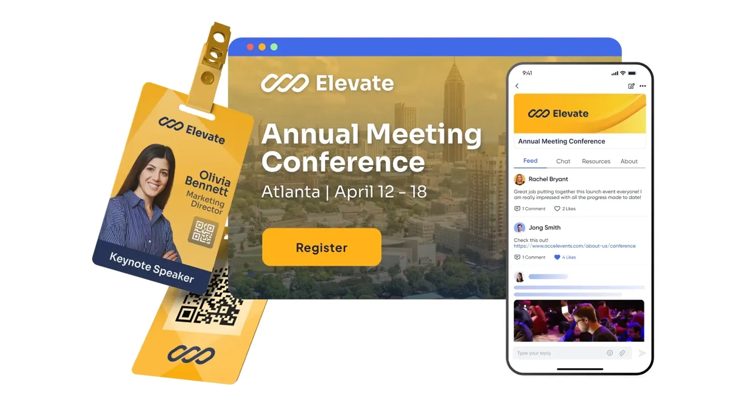 Diagram of an attendee journey showing consistent event branding from registration and mobile app to onsite check in, signage, networking, and follow up emails.