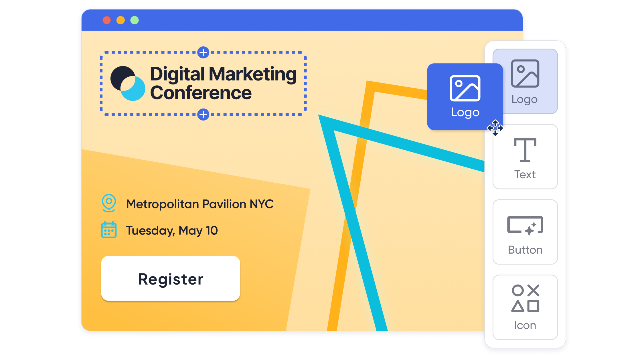 Event planner customizing a fully branded event website interface with logo colors fonts and registration form fields on a modern desktop screen