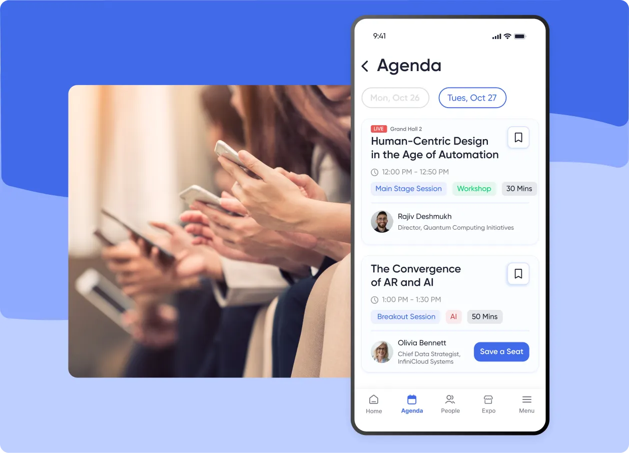 Mobile event app showing agenda, maps, and attendee networking