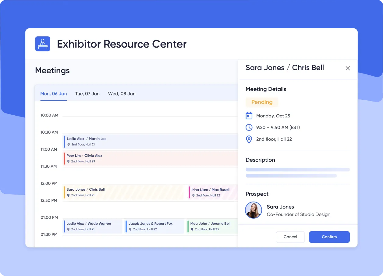 Exhibitor lead capture and sponsor management meeting schedulers 