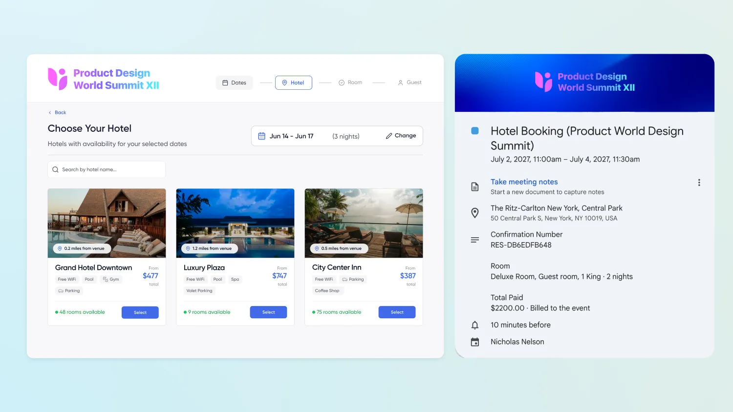 Accelevents UI showing hotel room block inventory, booking status, and block utilization