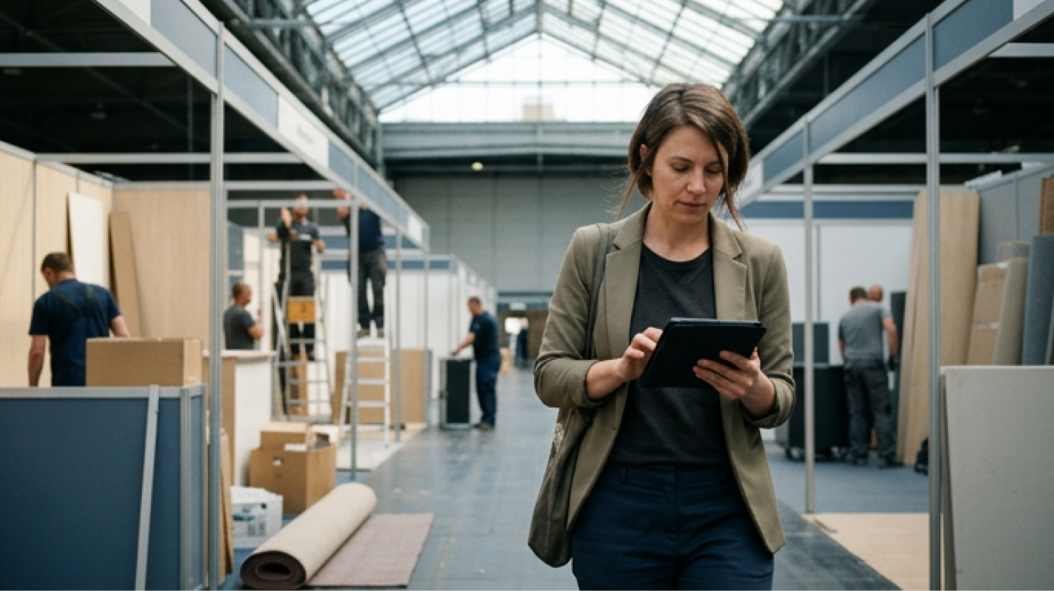 Event planner reviewing a tablet on a convention center show floor while crews assemble exhibitor booths behind her