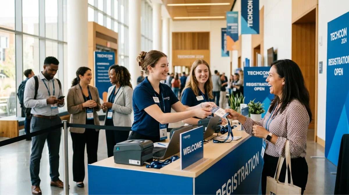 Event staff handing a printed badge to an arriving attendee at a registration desk as a short check-in line moves through