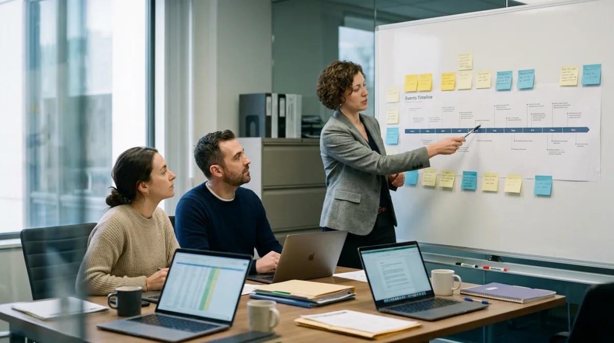 Event team mapping a platform migration timeline on a whiteboard with sticky notes and printed event schedules