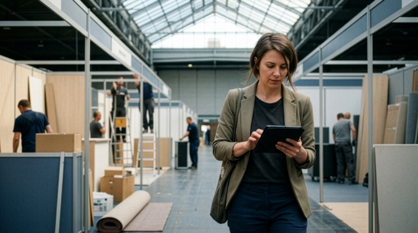 Event planner reviewing a tablet on a convention center show floor while crews assemble exhibitor booths behind her