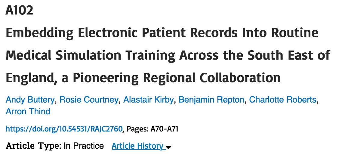Article titled 'Embedding Electronic Patient Records Into Routine Medical Simulation Training Across the South East of England, a Pioneering Regional Collaboration' with authors and DOI link.