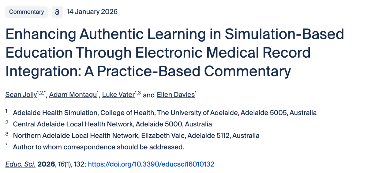 Title and authors of a commentary article on enhancing learning in simulation-based education through electronic medical record integration, published on 14 January 2026.