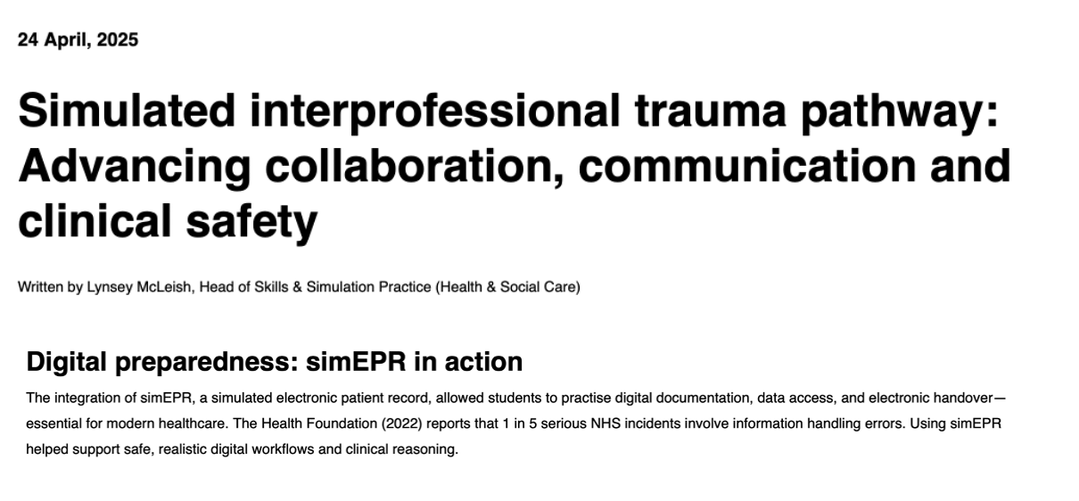 Article titled 'Simulated interprofessional trauma pathway: Advancing collaboration, communication and clinical safety' by Lynsey McLeish, discussing simEPR digital preparedness in healthcare.
