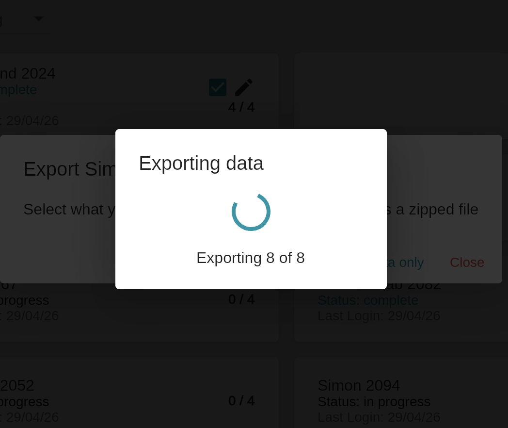 Popup window showing exporting data progress with a spinning circle and text 'Exporting 8 of 8'.