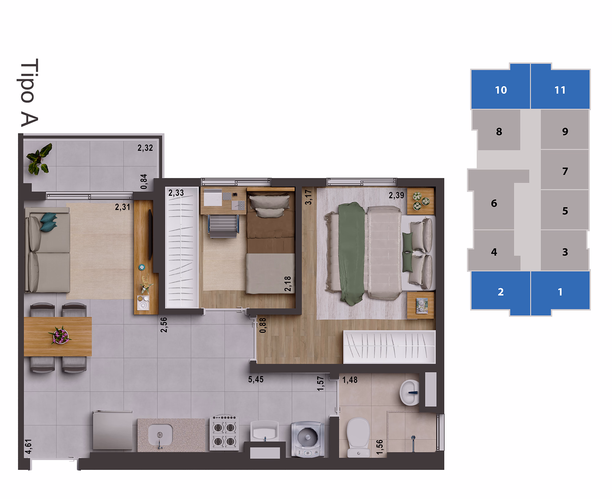 Planta de 2 dorms. (tipo A) - 40,82 m²