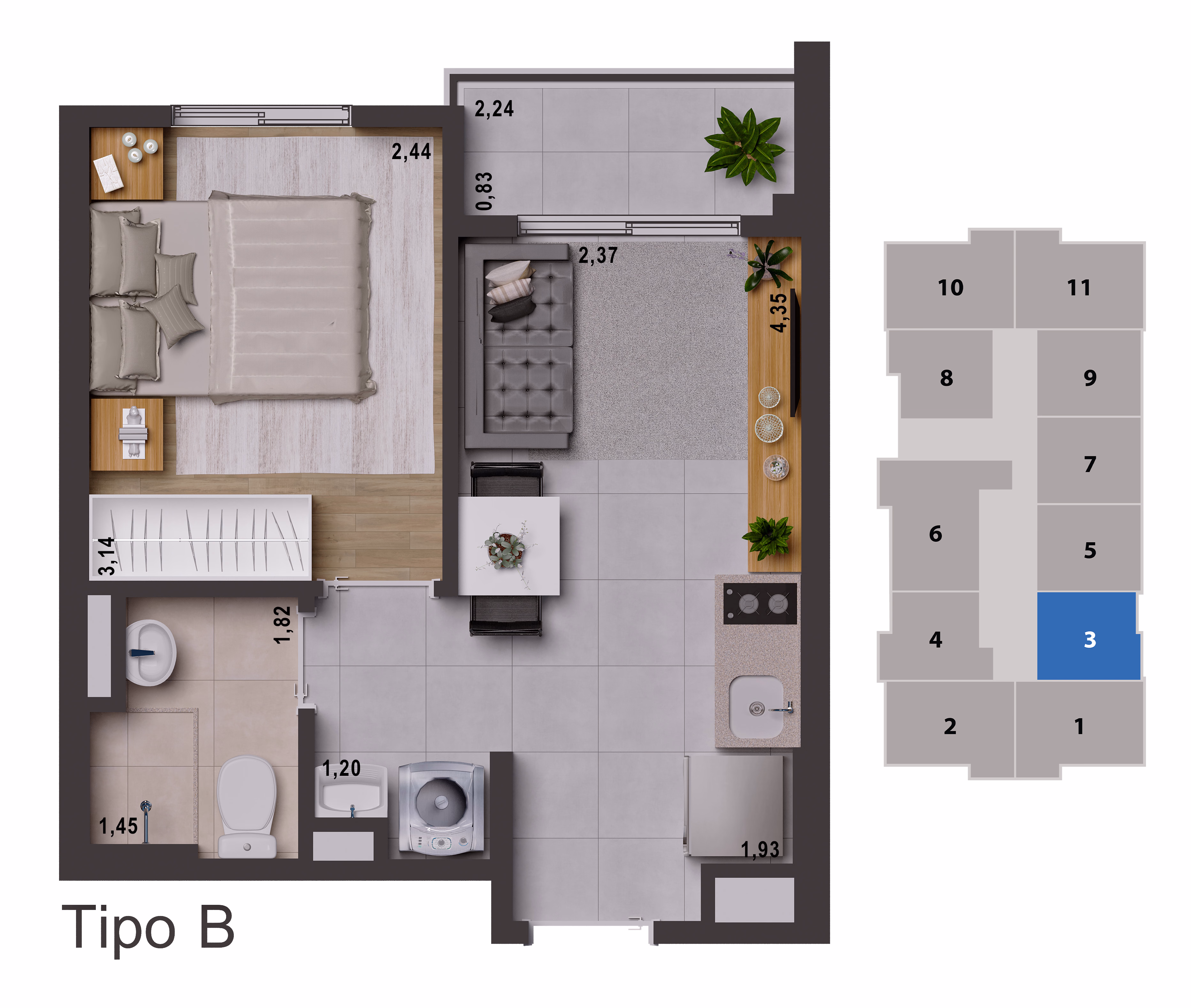 Planta de 1 dorm. (tipo B) - 29,68 m²
