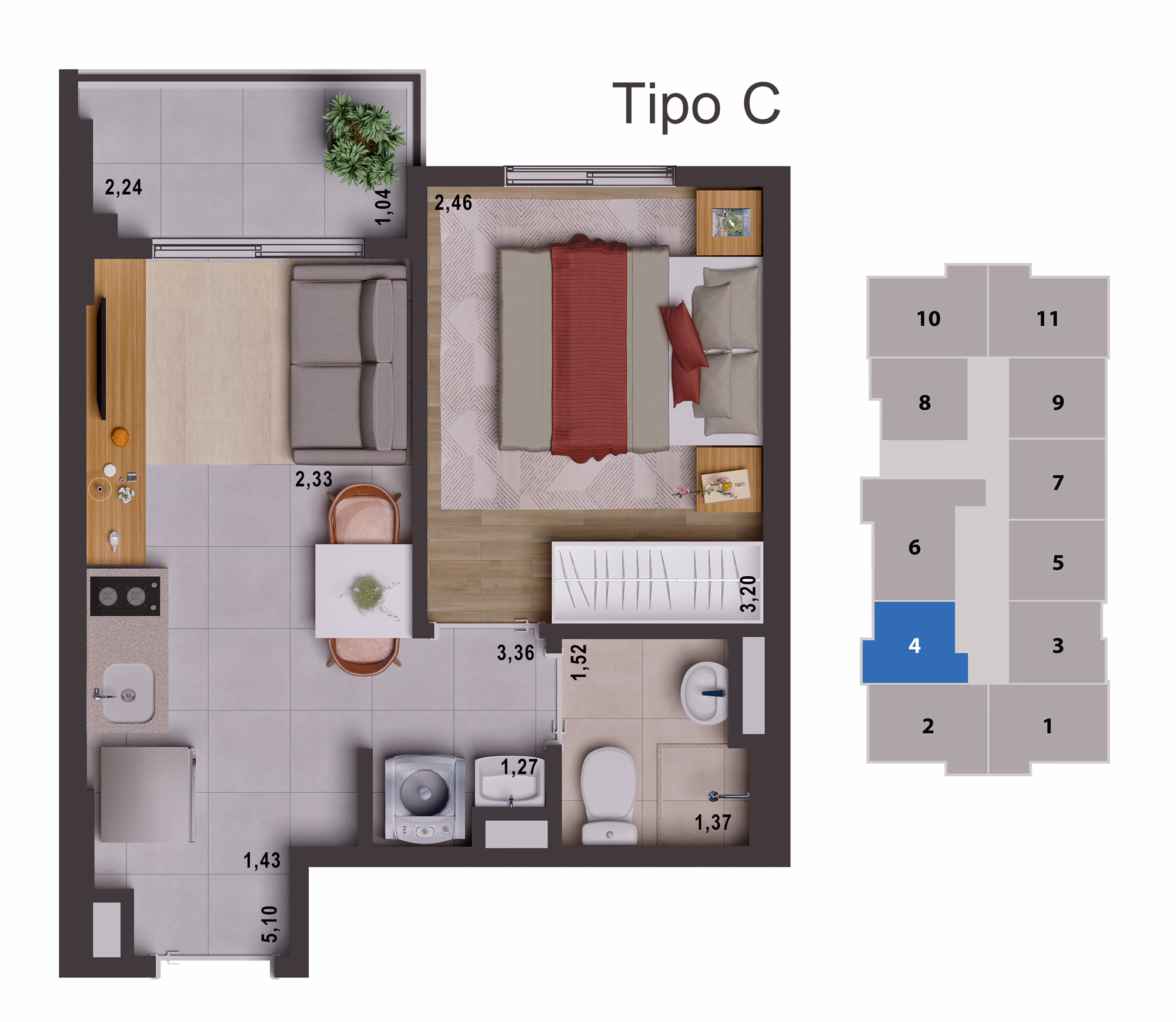Planta de 1 dorm. (tipo C) - 29,79 m²