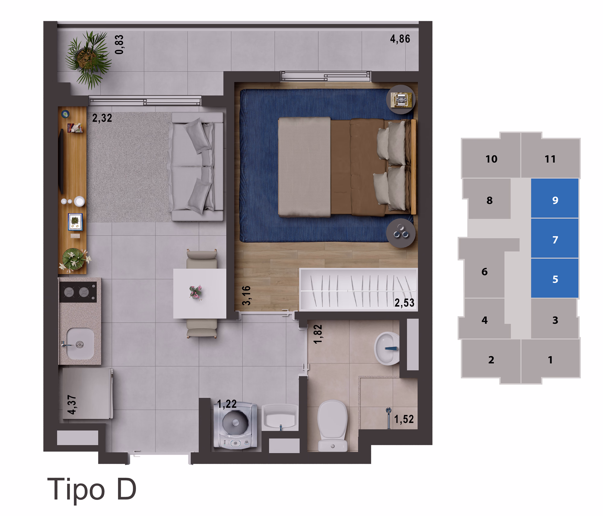 Planta de 1 dorm. (tipo D) - 31,14 m²