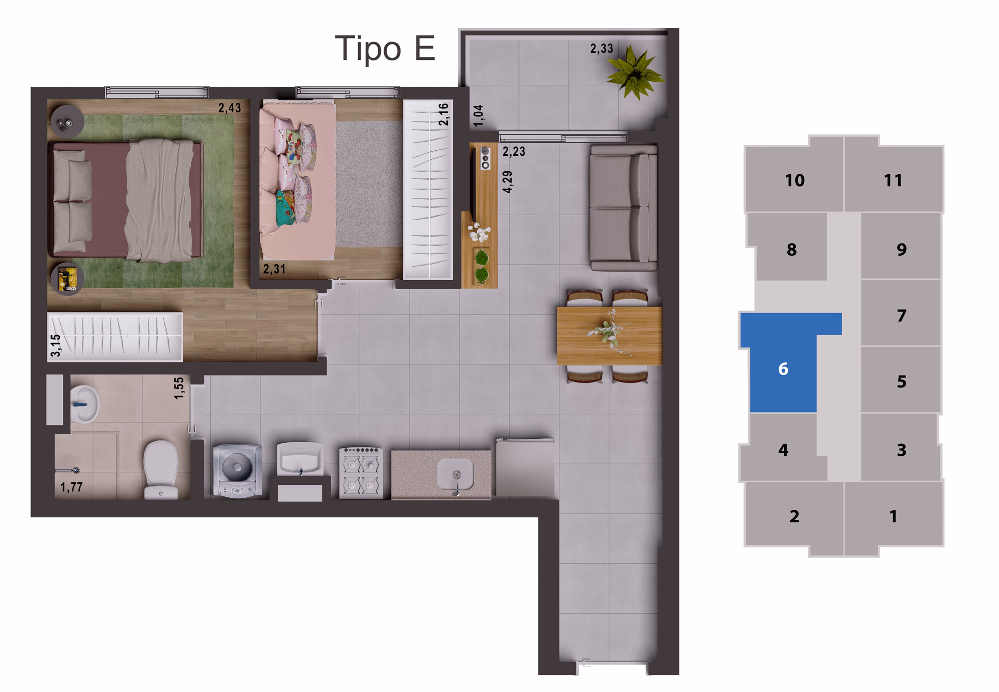 Planta de 2 dorms. (tipo E) - 44,80 m²