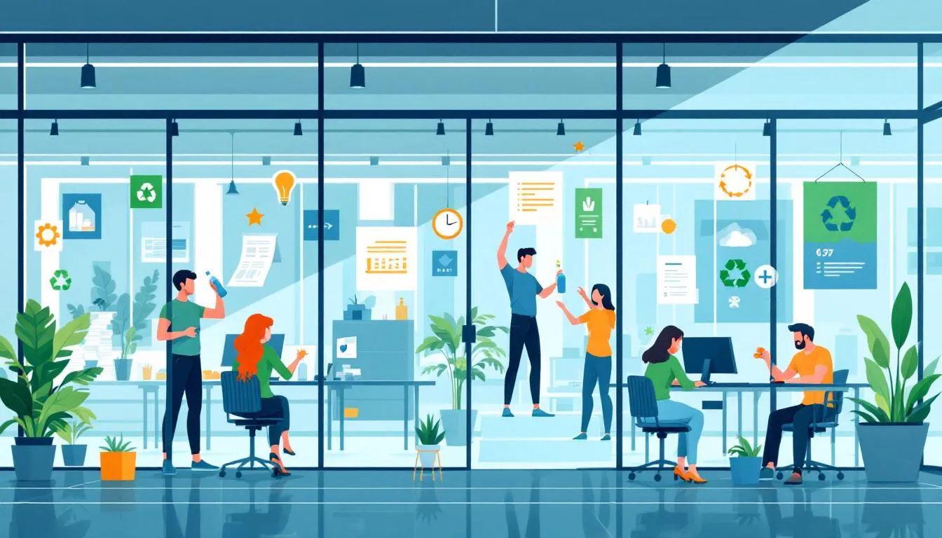 Des employés appliquant des éco-gestes au quotidien dans leur bureau.