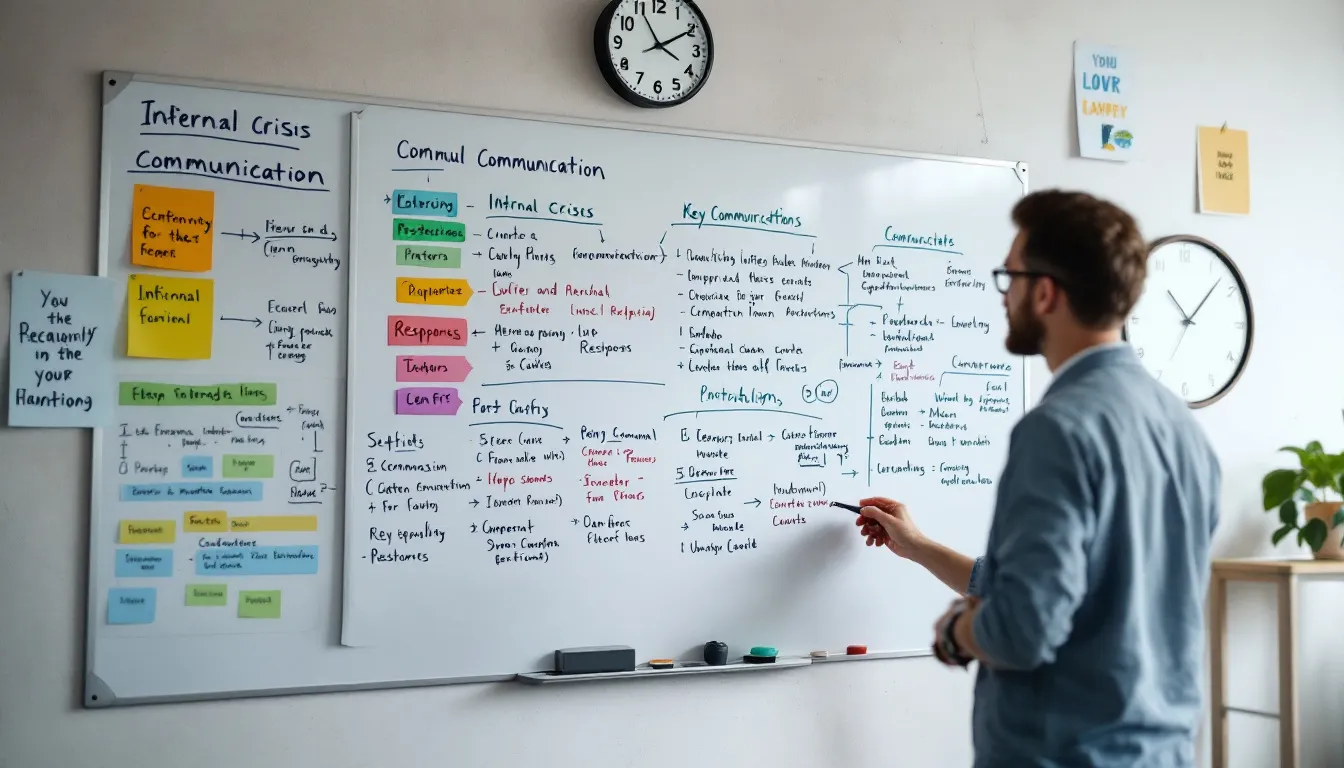 Un plan de communication interne affiché sur un tableau blanc.