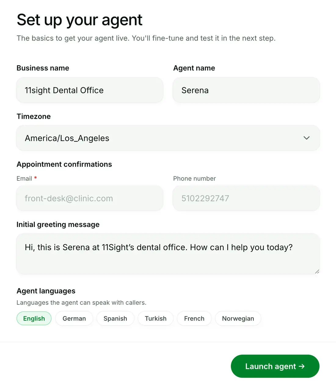 The setup form: business name, agent name, timezone, confirmation email and phone, greeting message and agent languages.