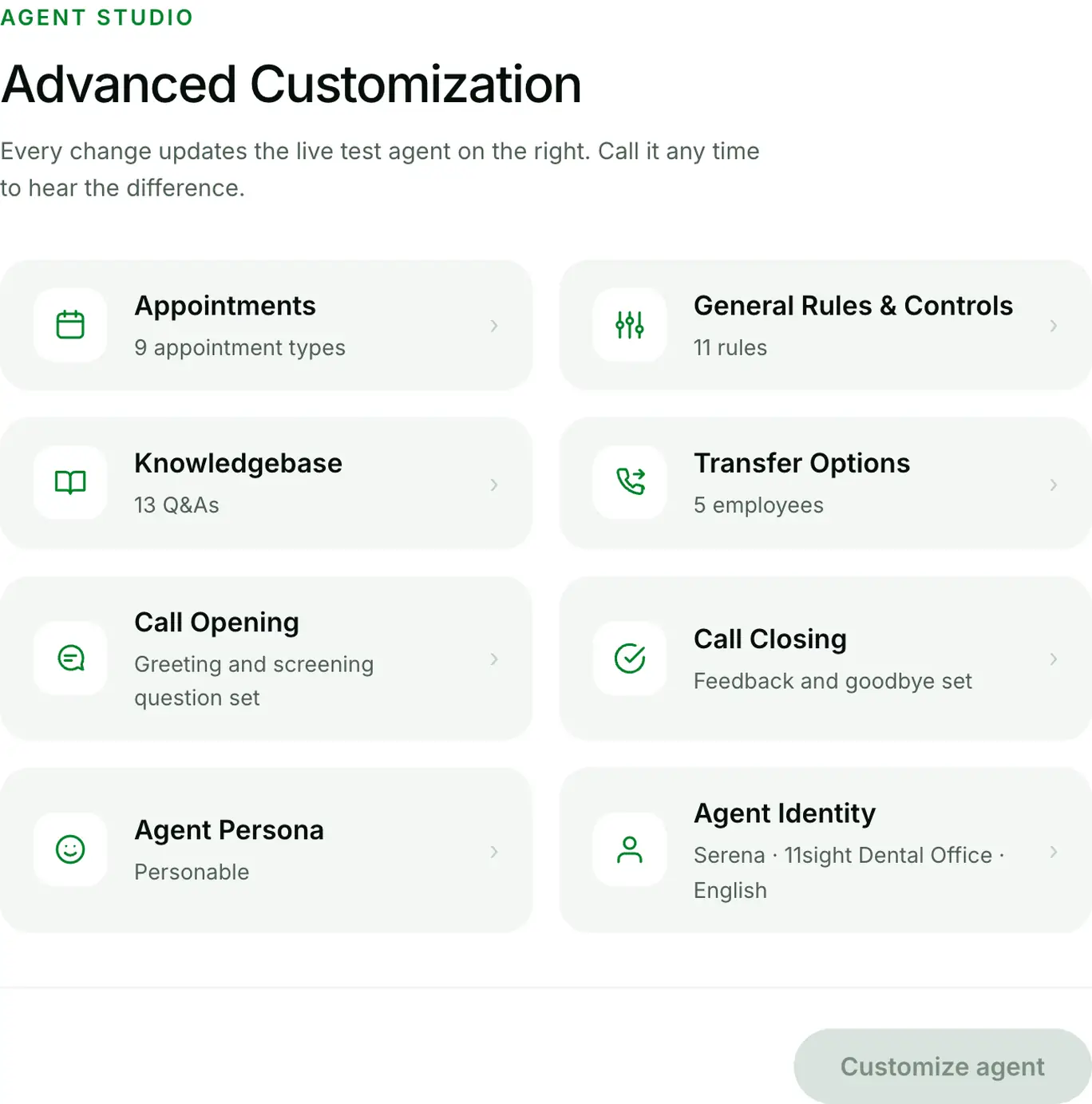 The Agent Studio: eight customization panels — appointments, rules, knowledgebase, transfer options, call opening and closing, persona and identity.
