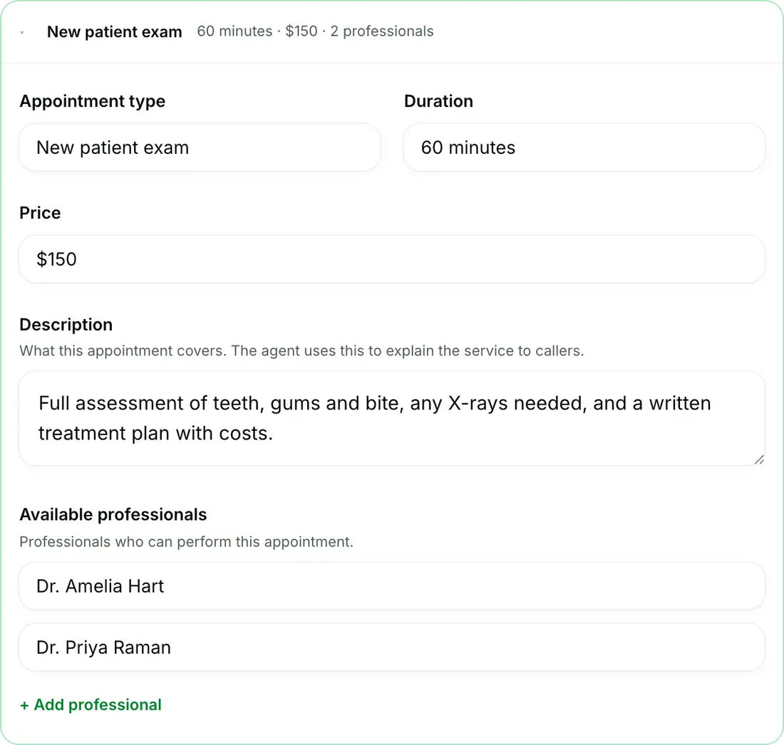 An open appointment type in the Appointments panel: New patient exam with duration, price, description and available professionals.