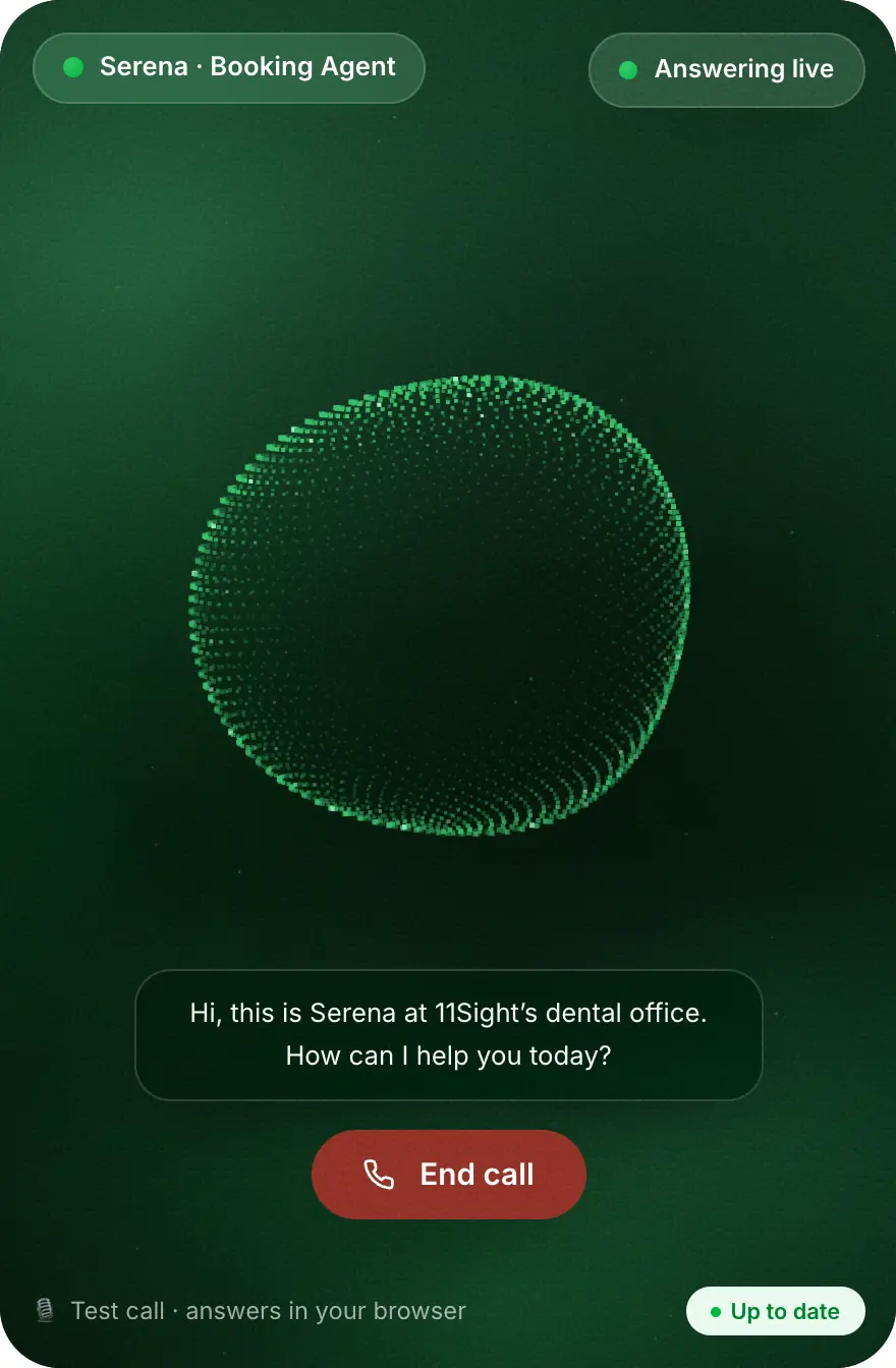 The live test rail: Serena the AI receptionist greeting a caller, a Talk to Agent button and an up-to-date sync badge.