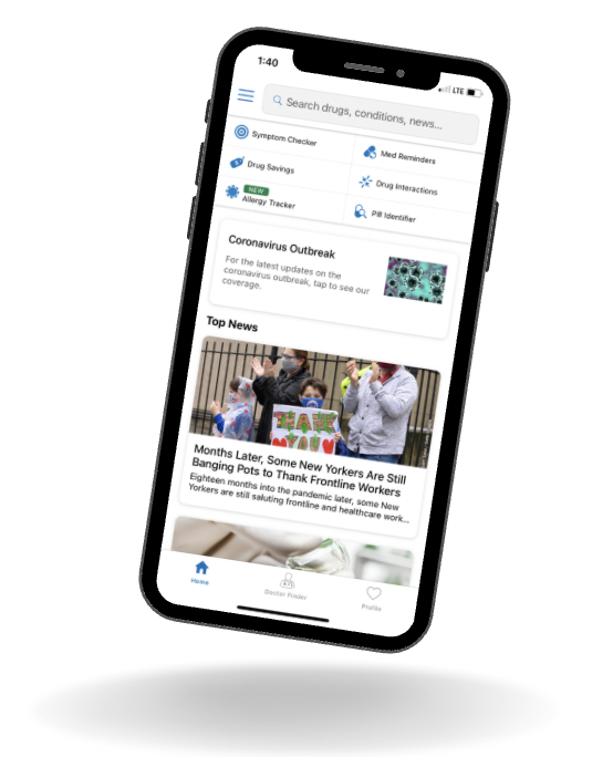 The WebMD app's homescreen, shows articles and their main features.